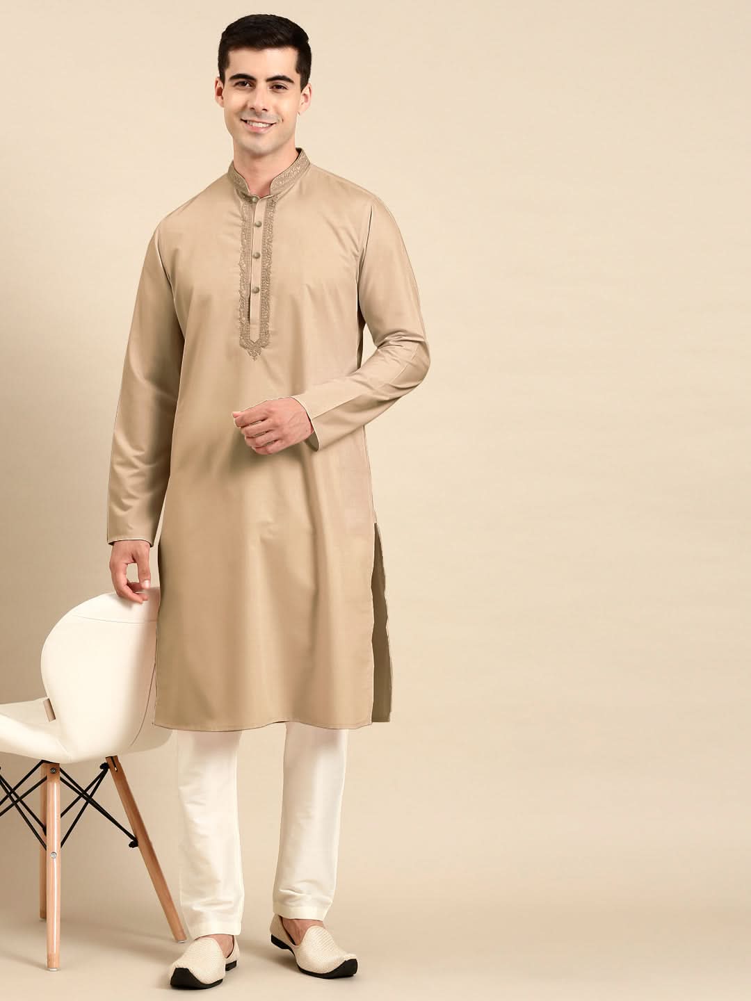 Beige Cotton Dori Embroidered Kurta Set