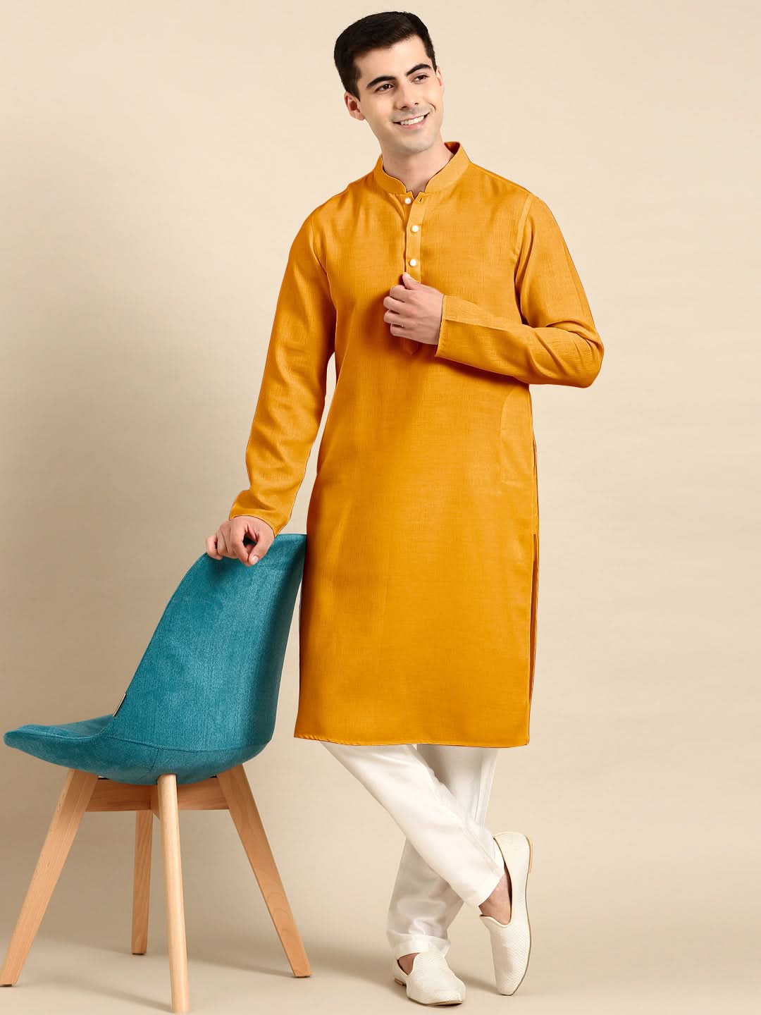Mustard Twill Weave Cotton Kurta  Set