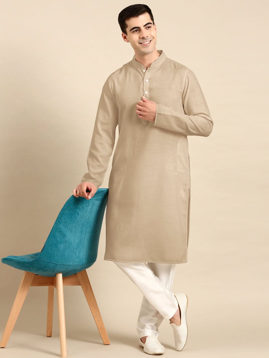 Beige Twill Weave Cotton Kurta  Set