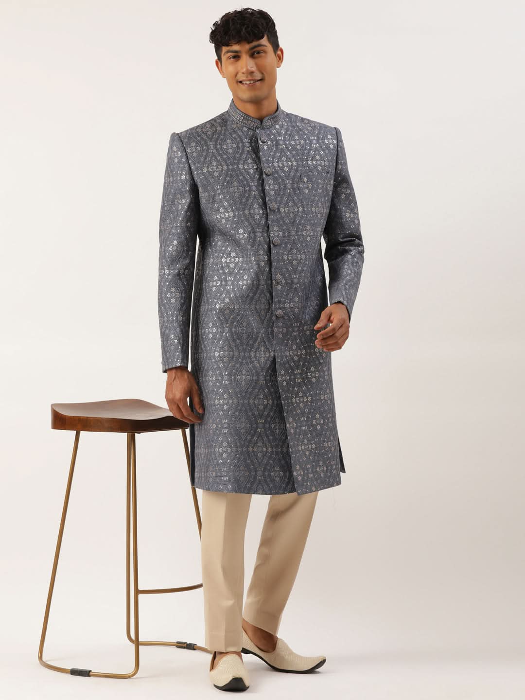 Grey silk Embroidered  Indowestern