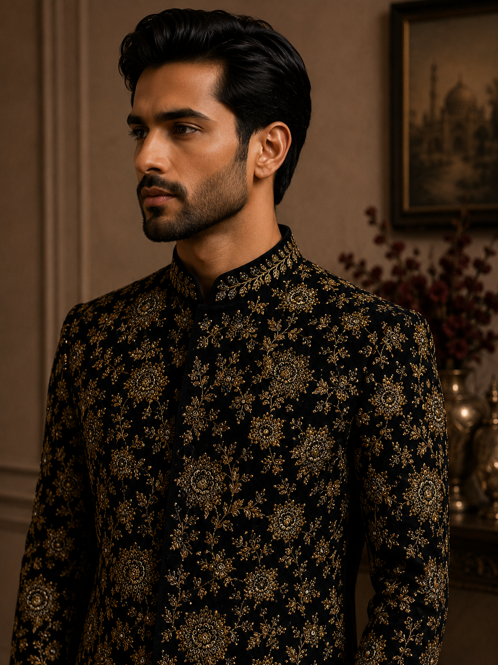 Navy BlueVelvet Gold Floral Embroidered Bandhgala