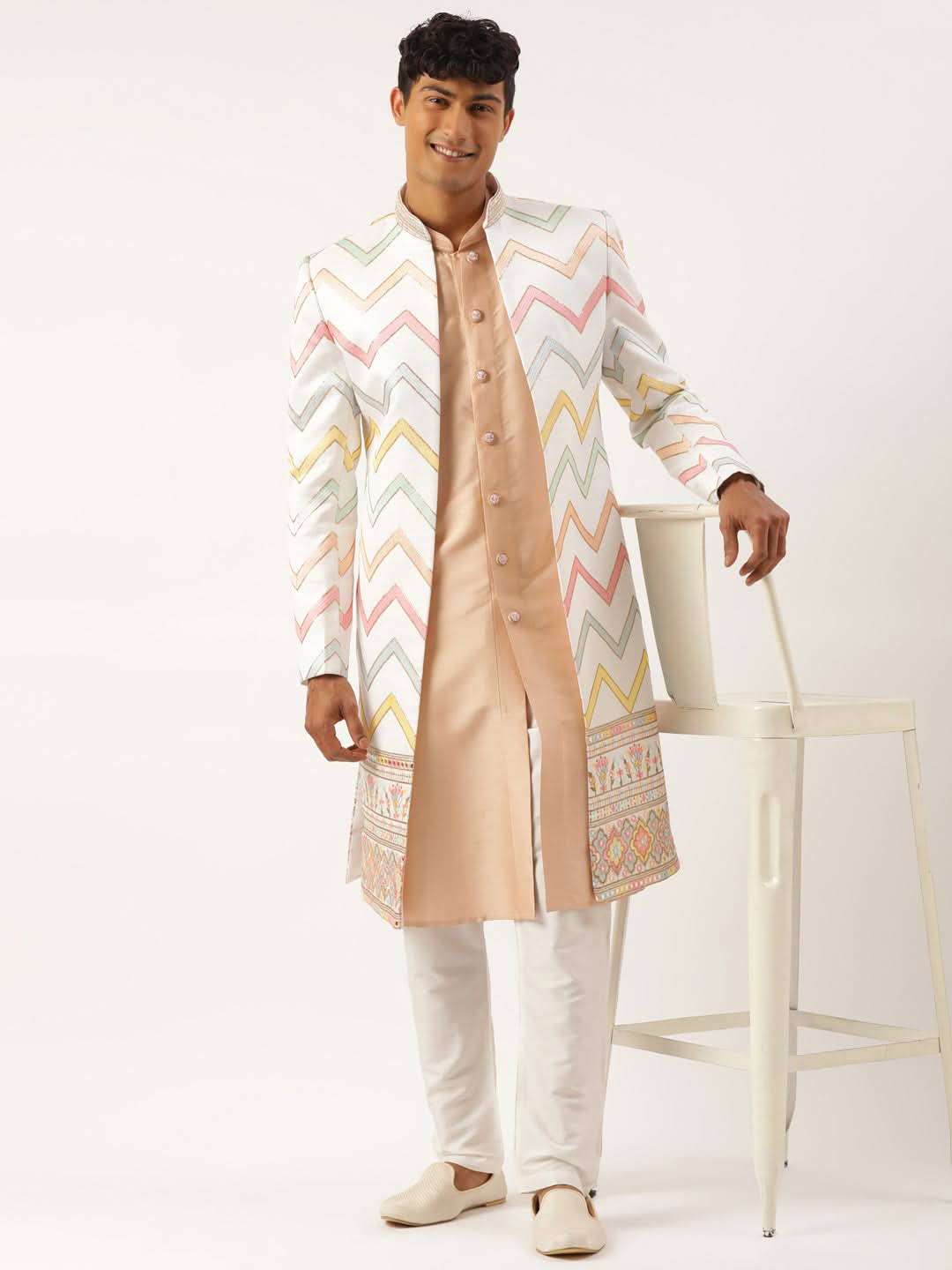 White Embroidered Open  Indowestern Set