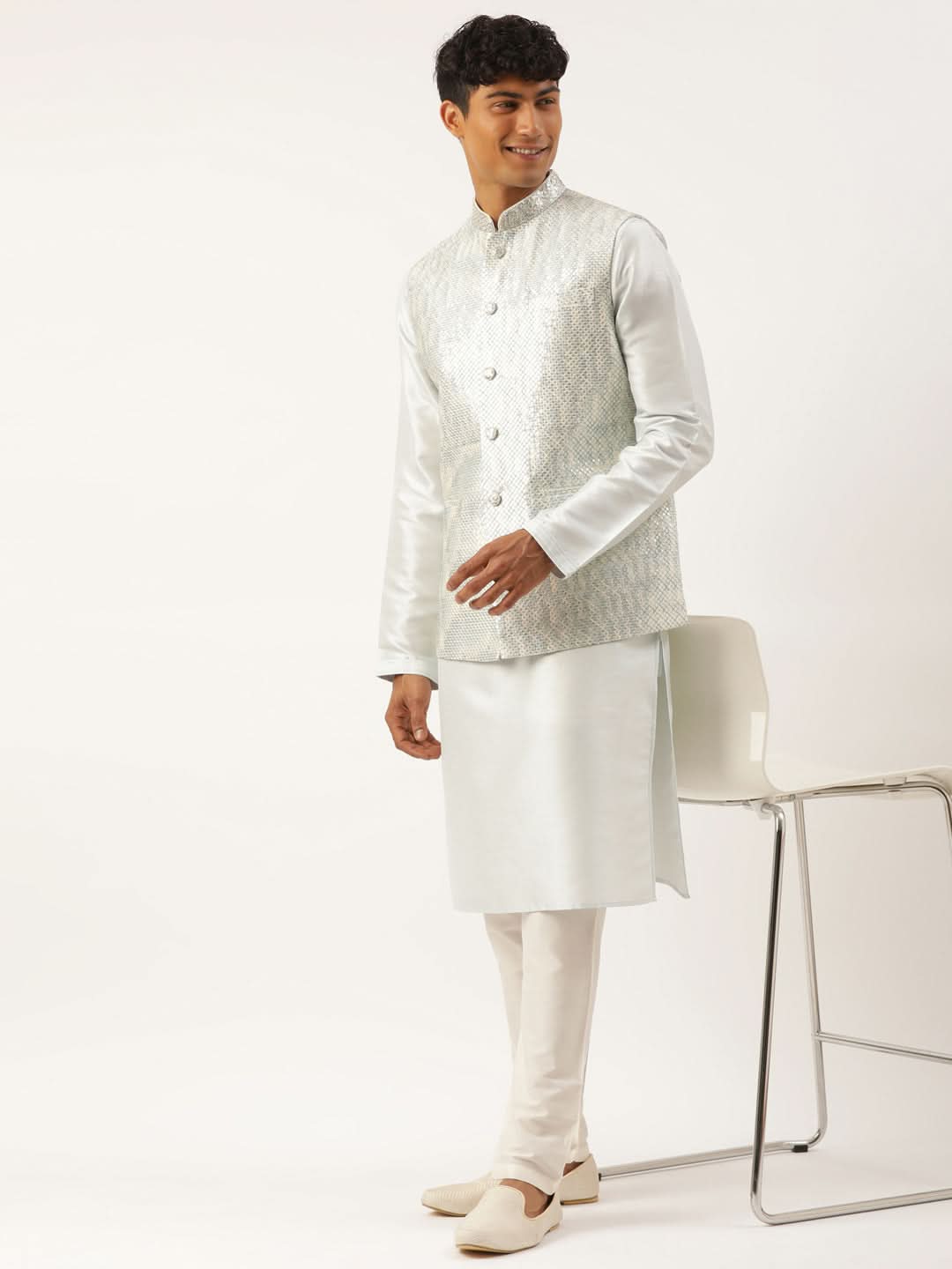 Sky Blue Sequin Embroidered Jacket Kurta Set