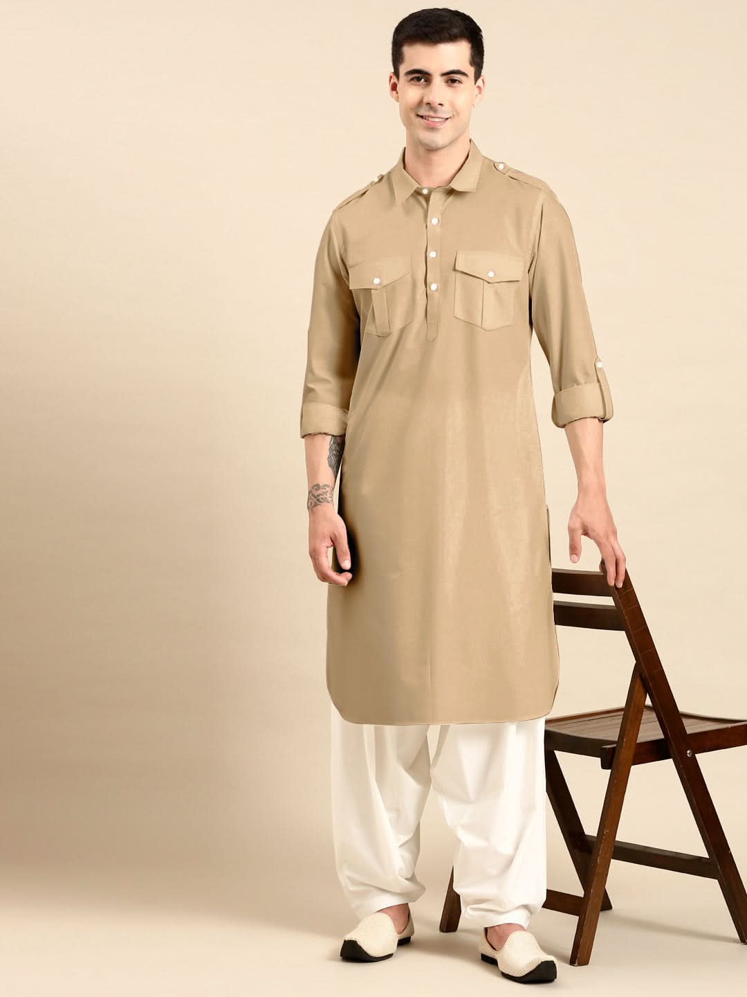 Beige fine Cotton Pathani with Salwar