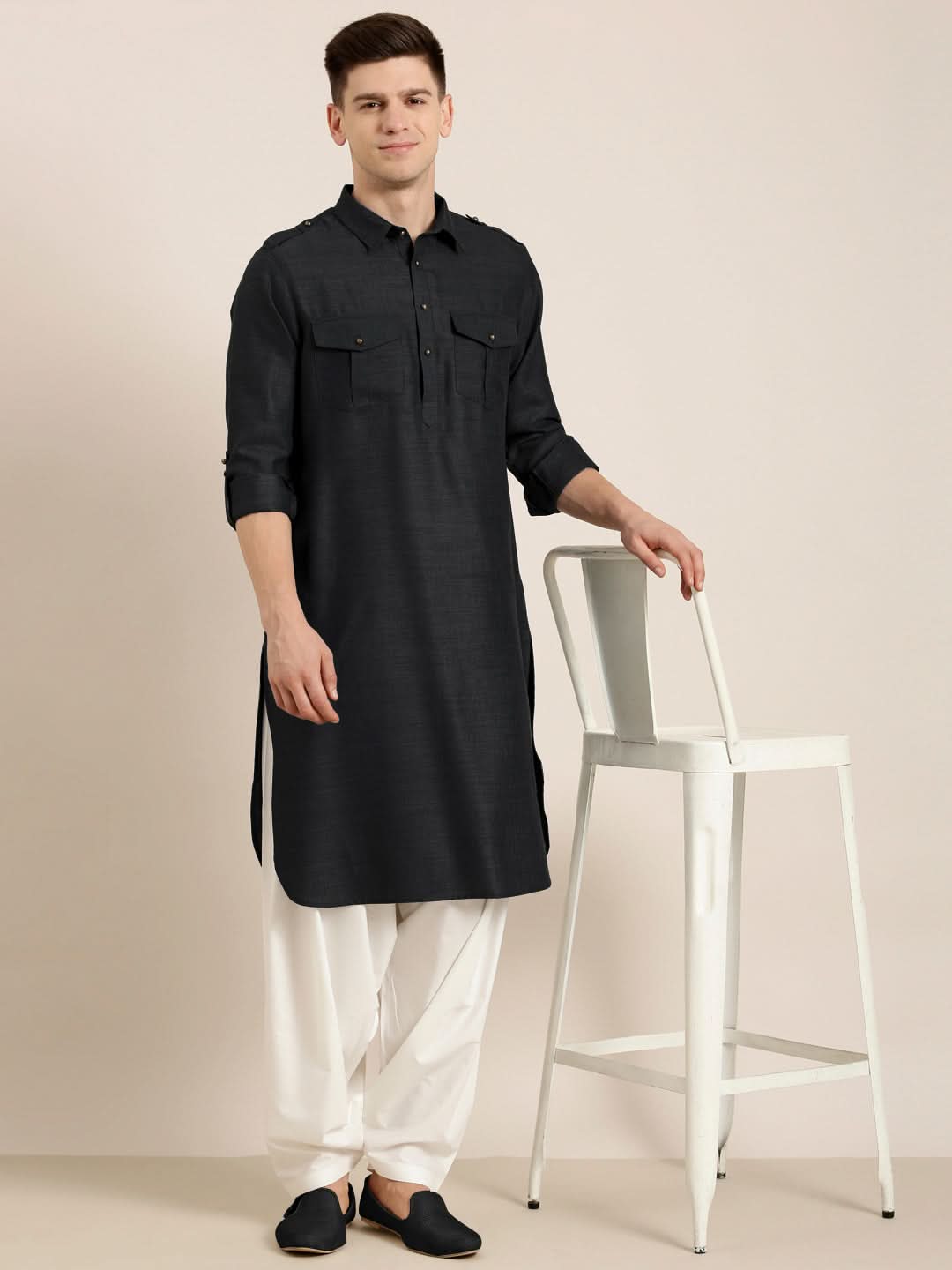 Black Cotton Pathani With Salwar
