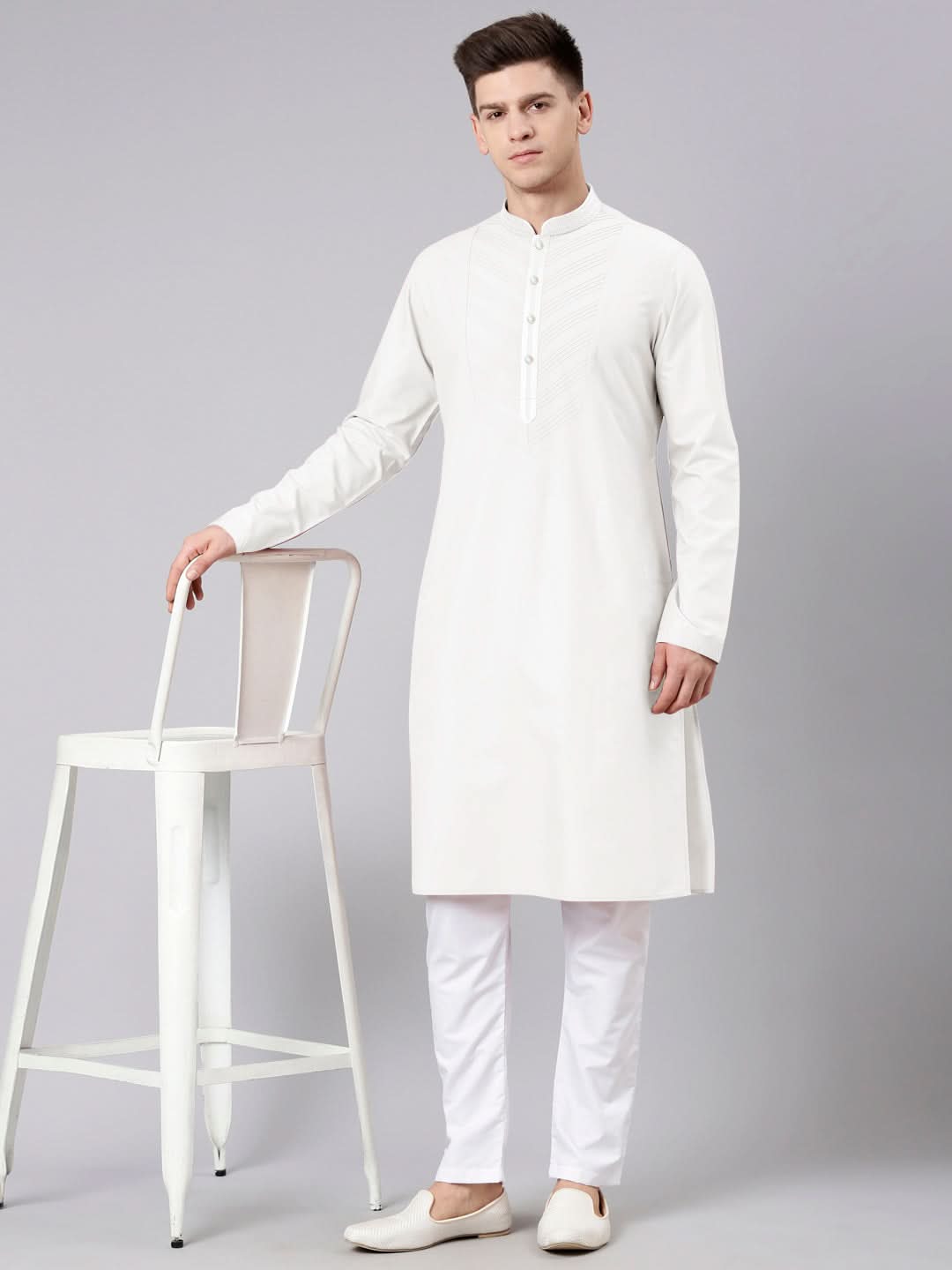 Off White Pleated Cotton Kurta Set