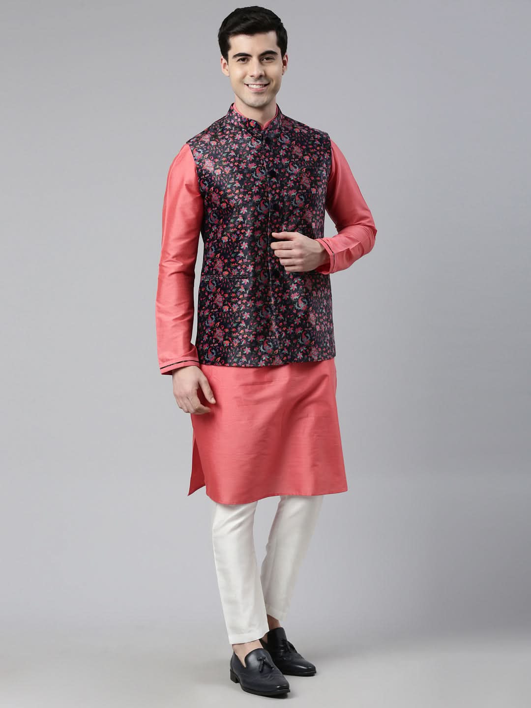 Midnight Blue Velvet  Pashmina Printed  Jacket With Pink Kurta