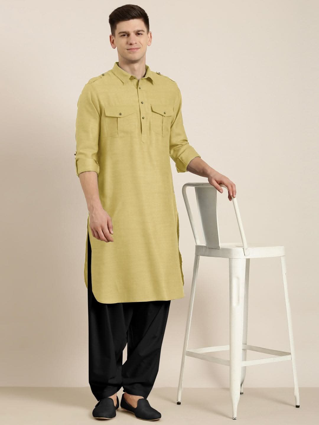 Greenish Beige cotton Pathani with Salwar