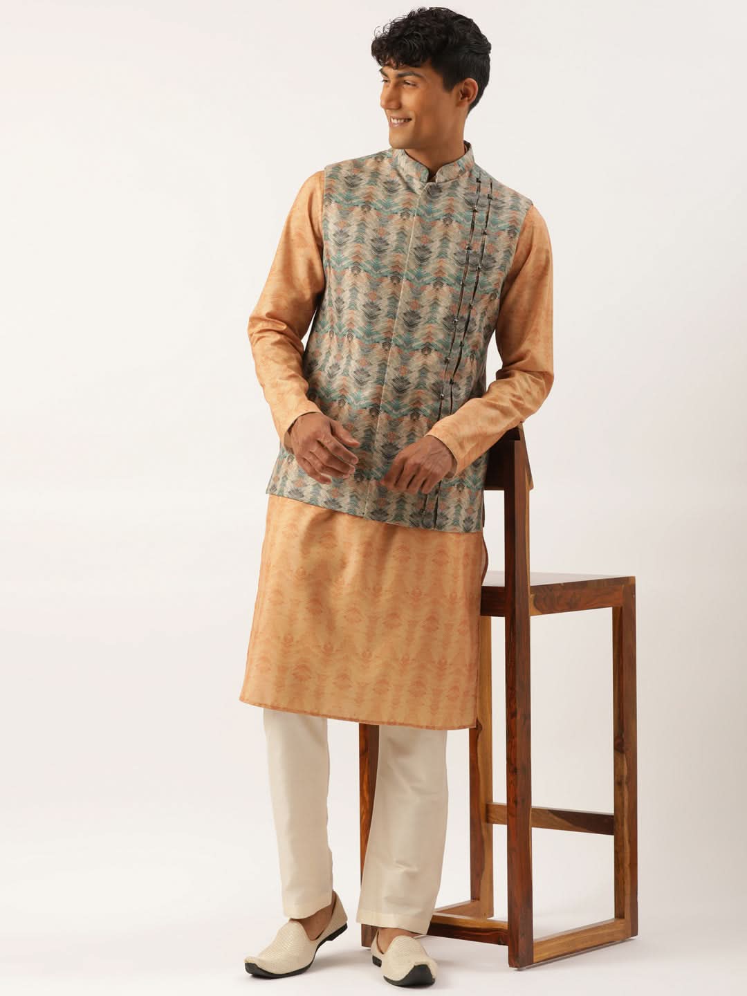 Beige Pleated Bundi With Kurta Set