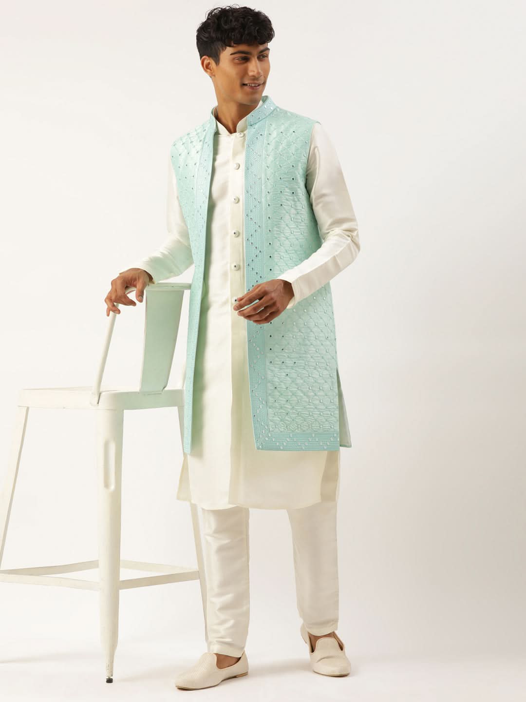Turquise Mirror Embroidery open Jacket Kurta Set