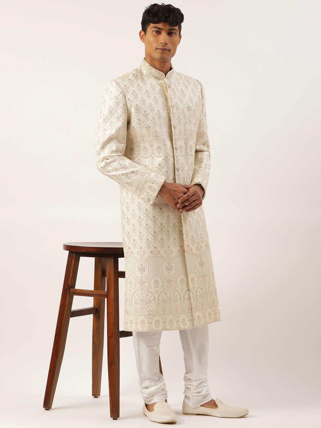 Cream Embroidered  Sherwani