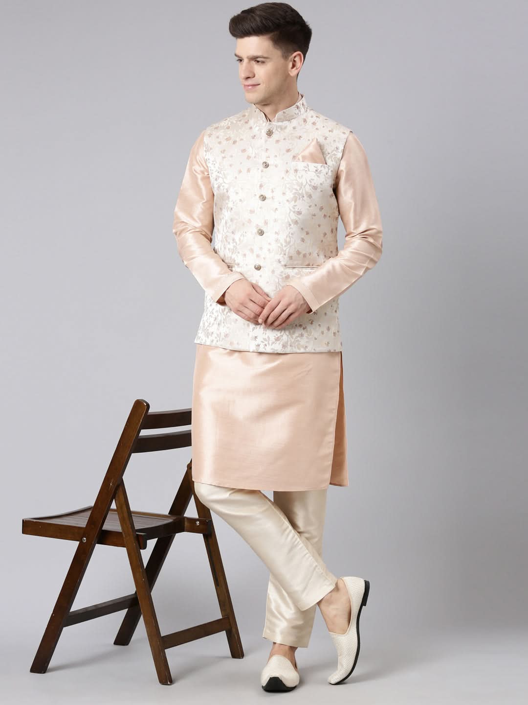 Peach Beige Jacquard Jacket with Kurta Set