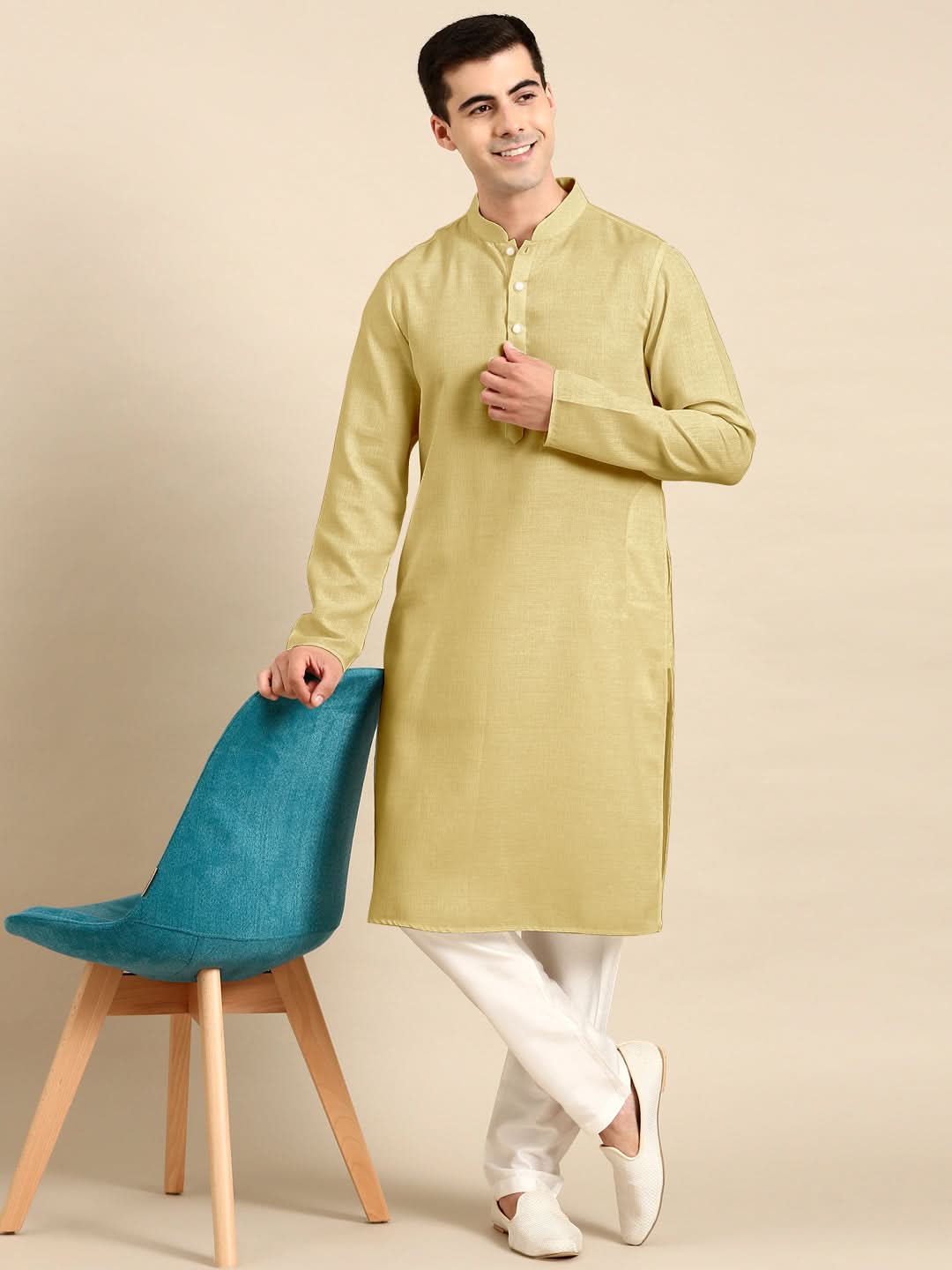 Greenish Beige Twill Weave Cotton Kurta  Set