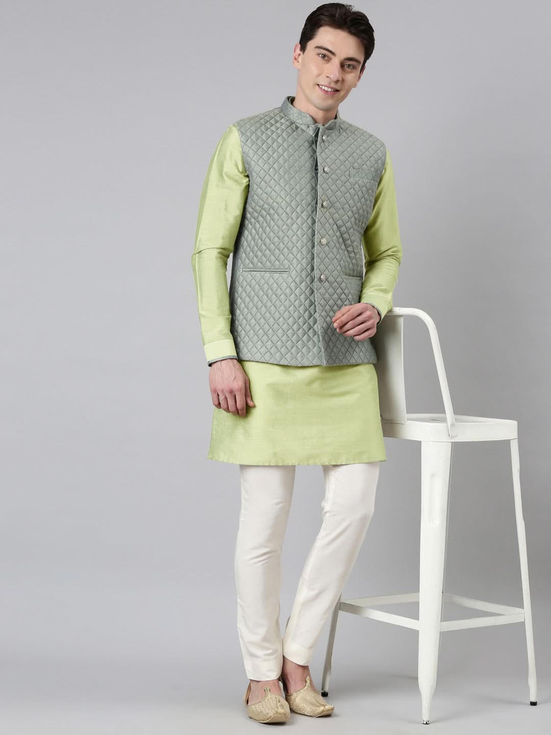 Lime Green Blue Jacquard Quilted Jacket With Short Kurta