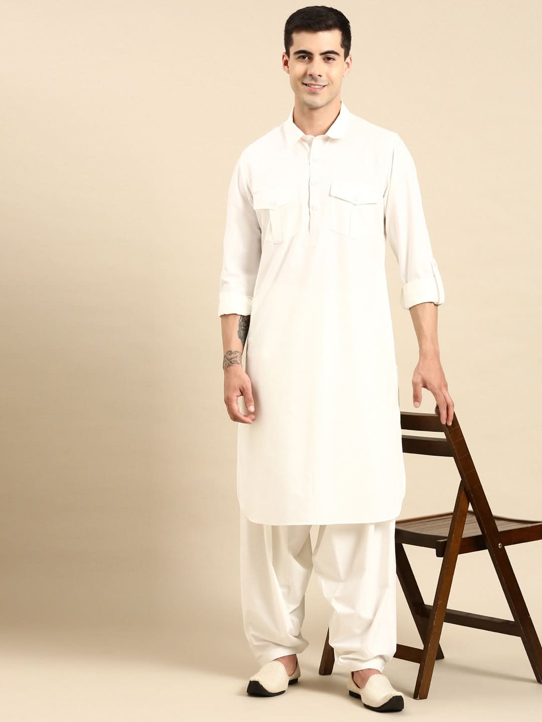 Off White Fine Cotton Pathani With Salwar
