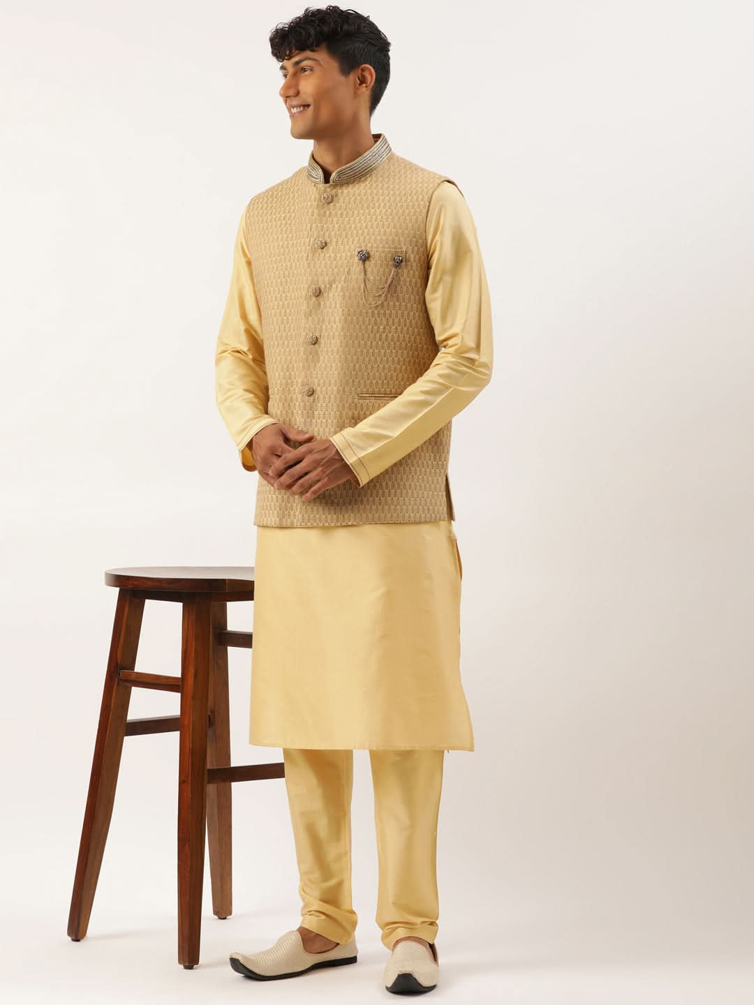 Gold Jacquard Jacket With Gold Kurta