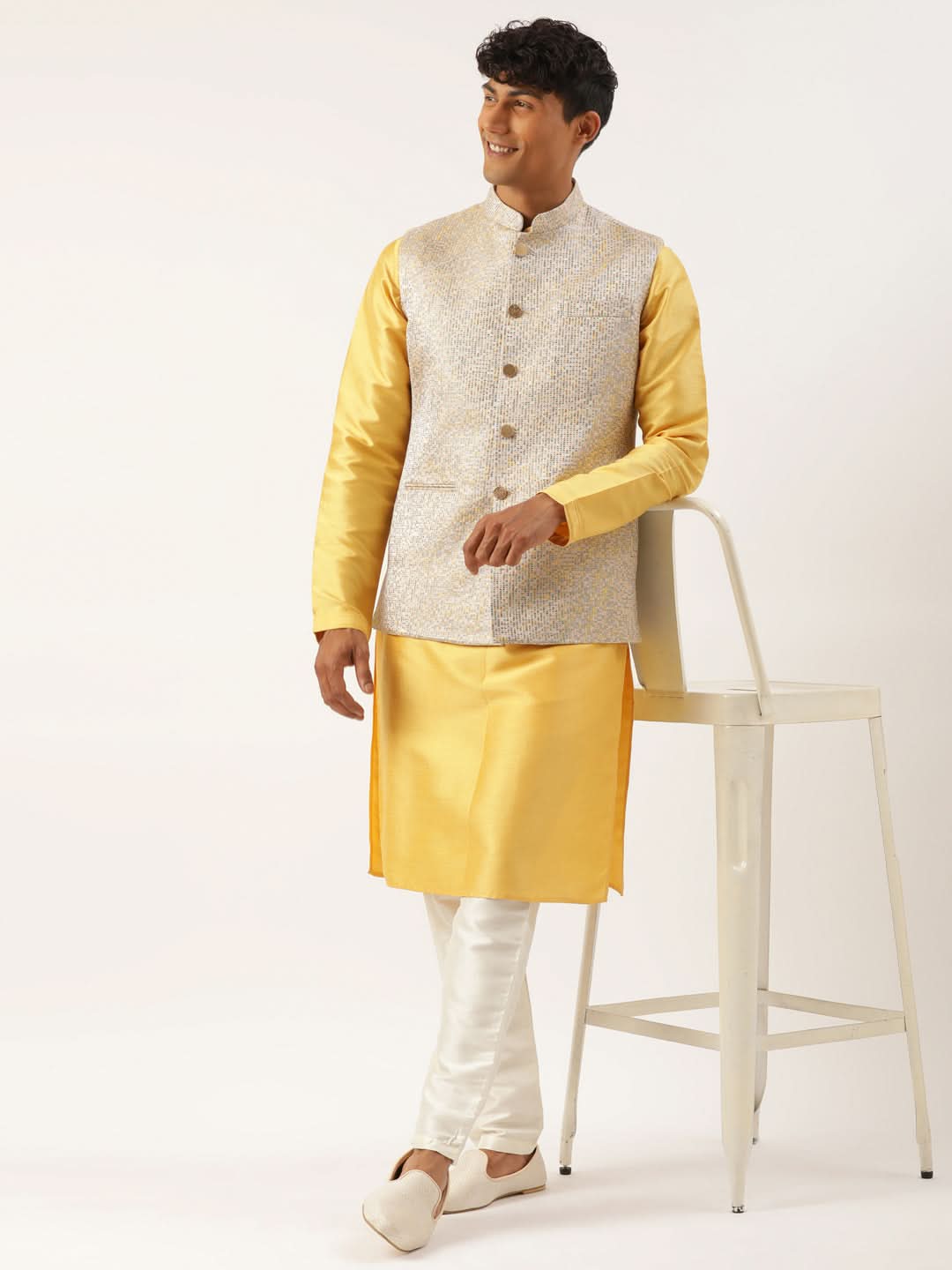 Grey Geometric Premium Textured Jacket With Mustard Kurta
