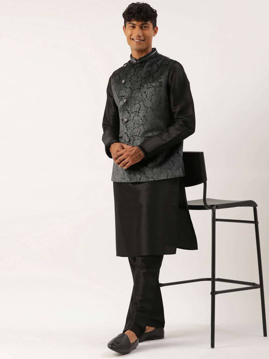 Black Velvet Jacquard Jacket Kurta Set