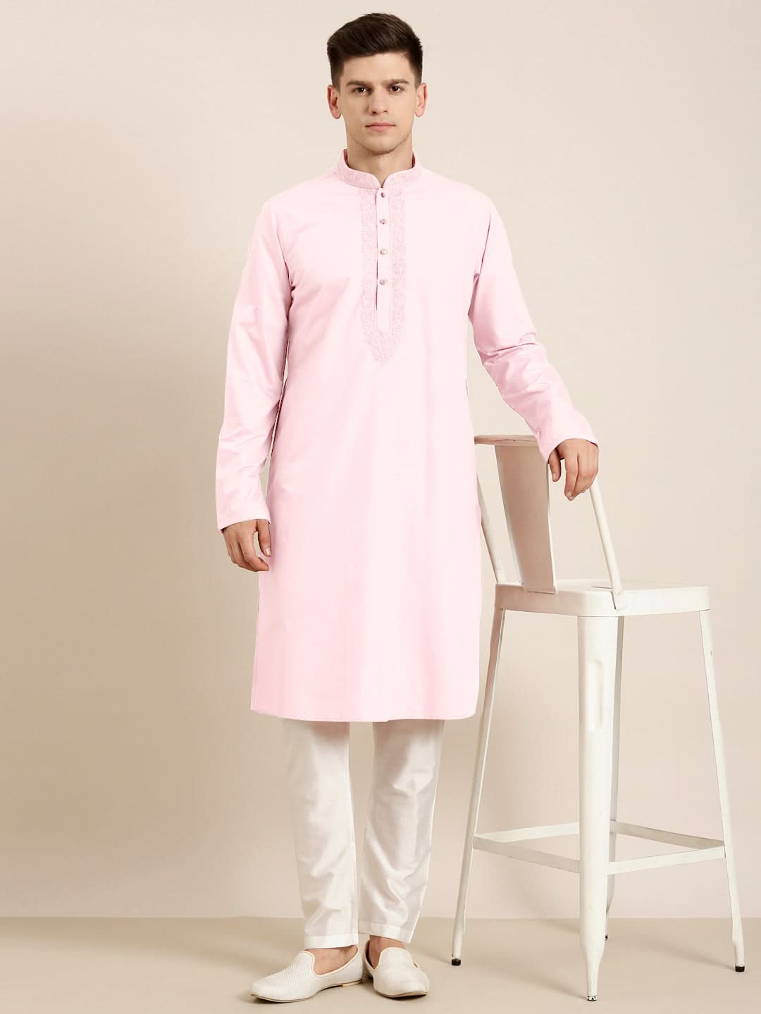 Pink Cotton Dori Embroidered Kurta Set