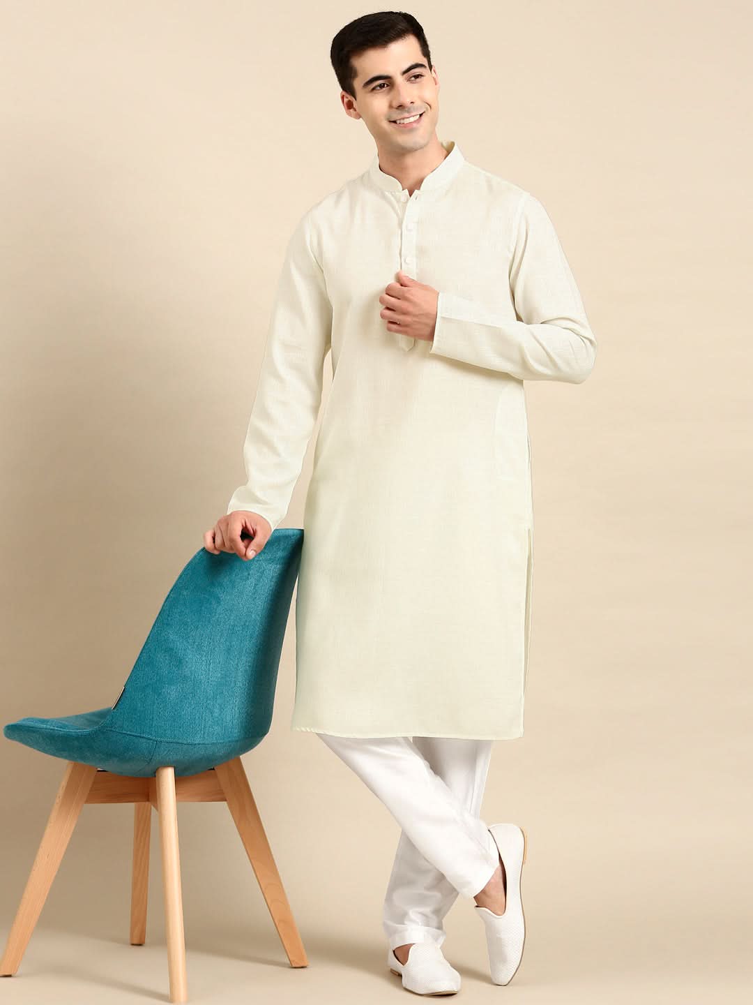 Cream Twill Weave Cotton Kurta  Set