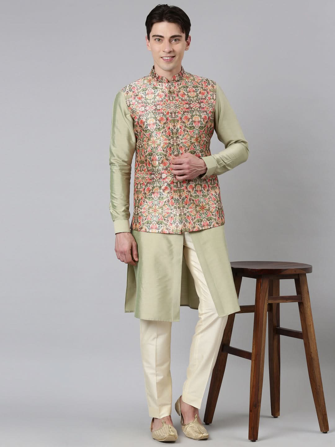 Beige Floral Print Jacket With  Open Kurta