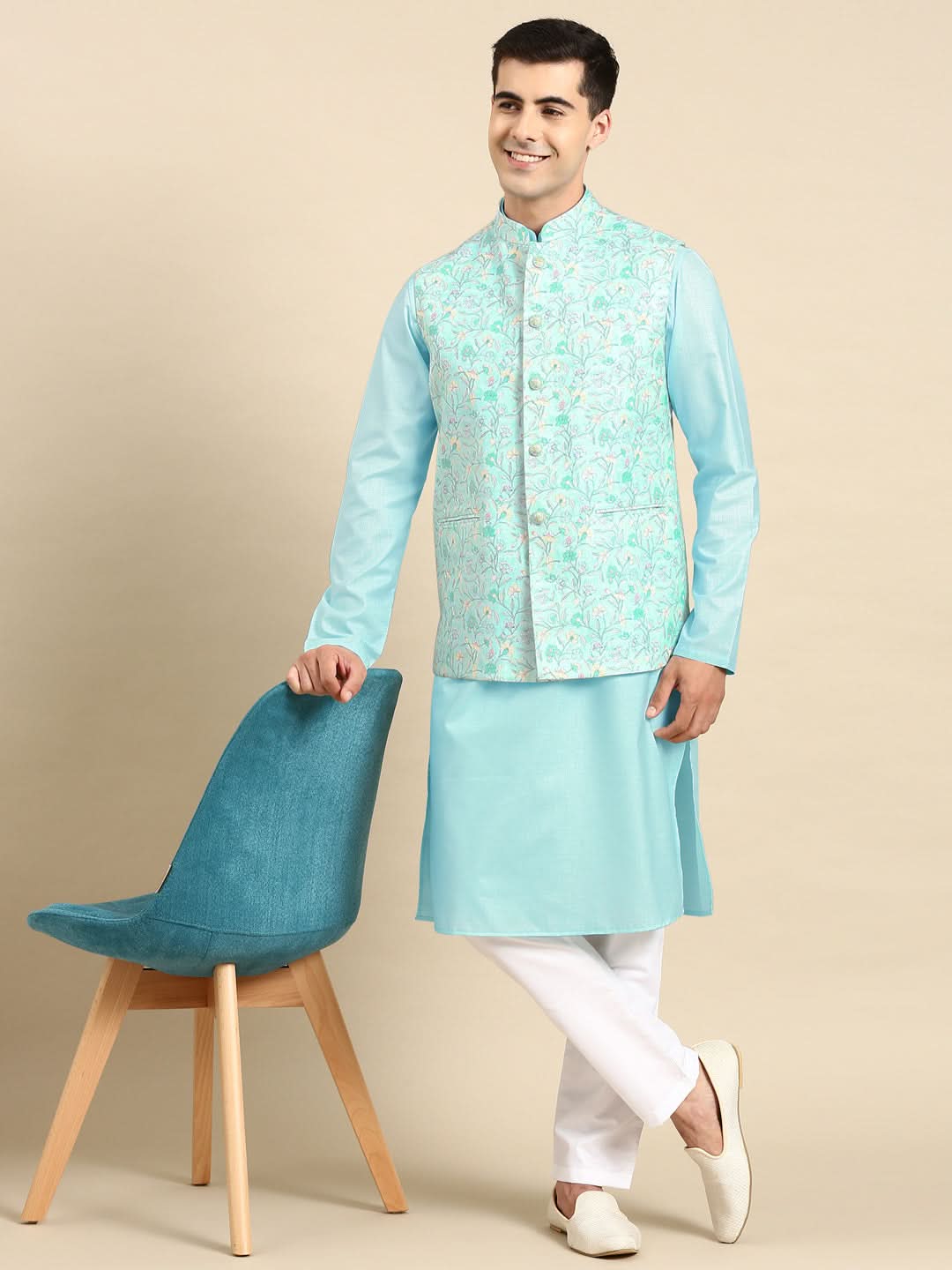 Light Pastel Blue Linen Jacket with Kurta Set