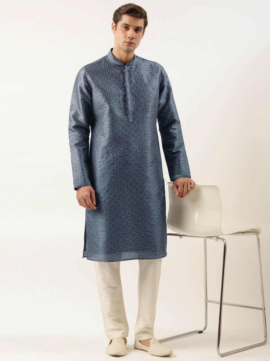 Grey Embroidered  Silk Kurta Set