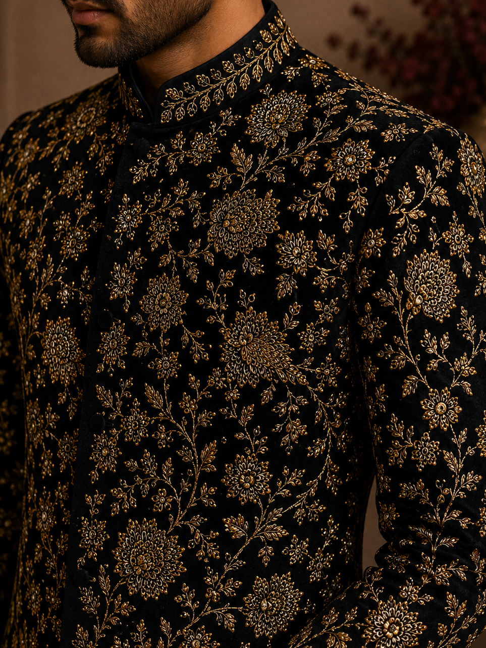 Navy BlueVelvet Gold Floral Embroidered Bandhgala