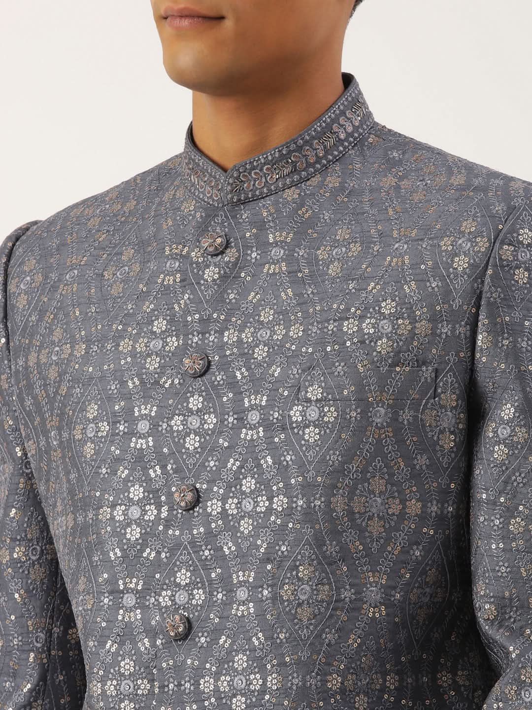 Grey silk Embroidered  Indowestern