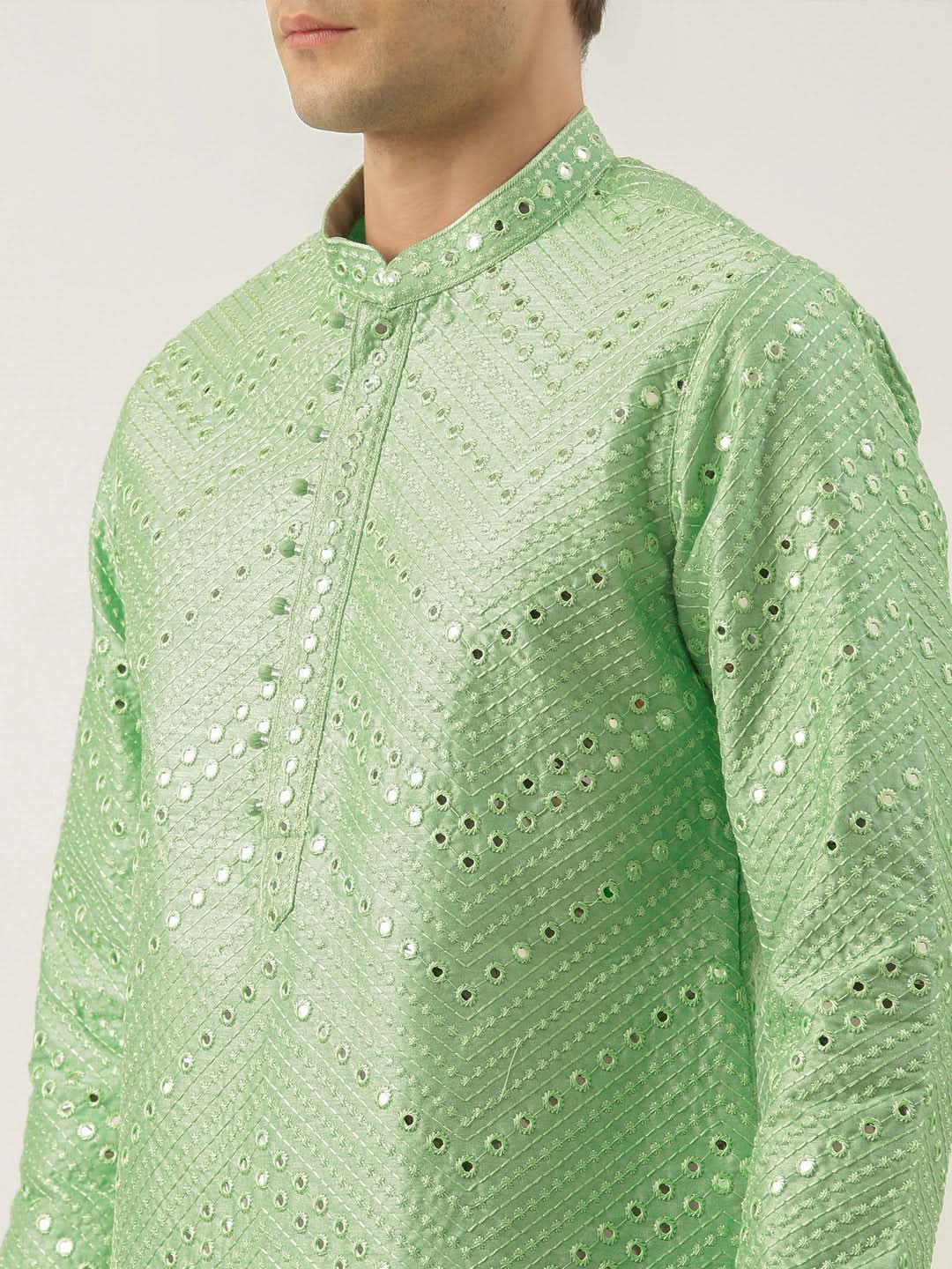 Light Green Silk Mirror Embroidered Kurta Set