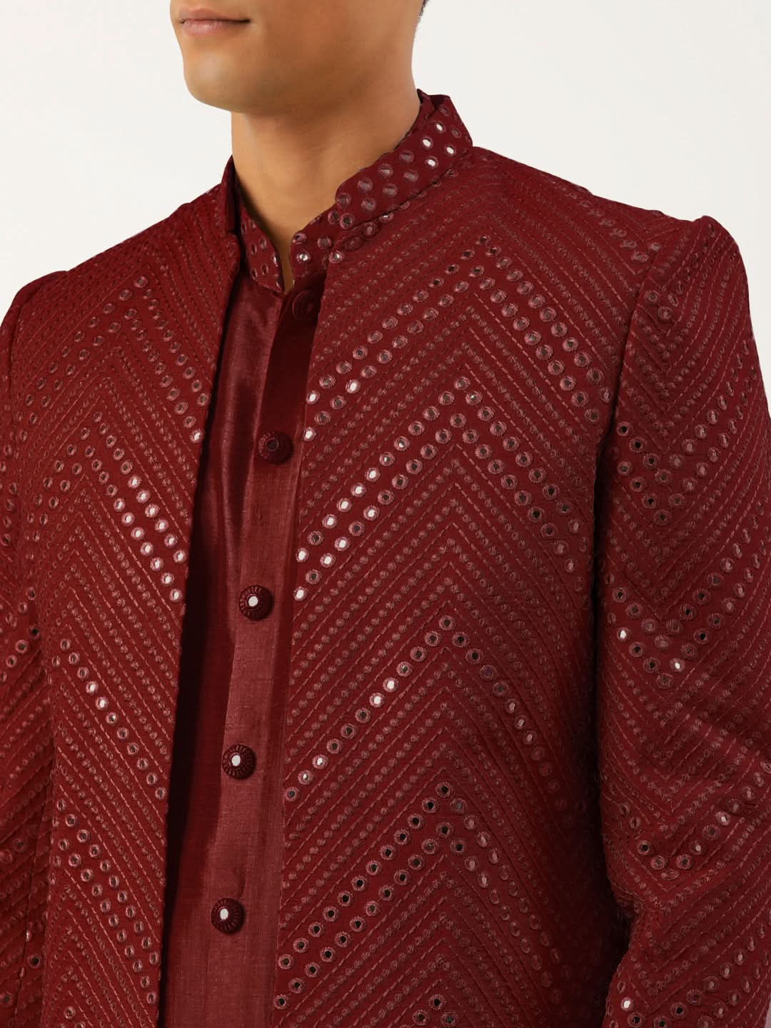 Maroon Mirror Embroidered  Indowestern With Kutra