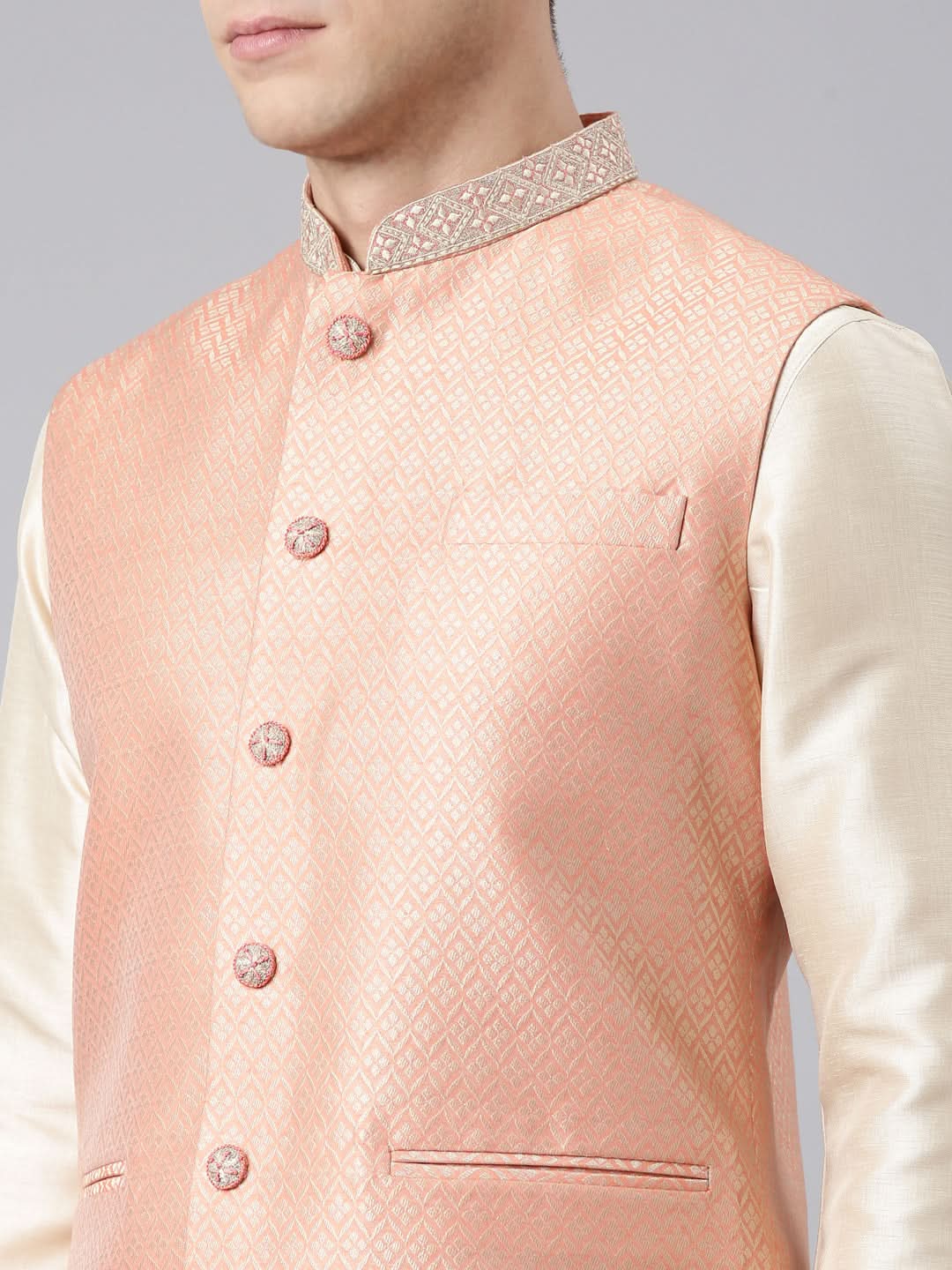 Orange Jacquard Jacket Kurta Set