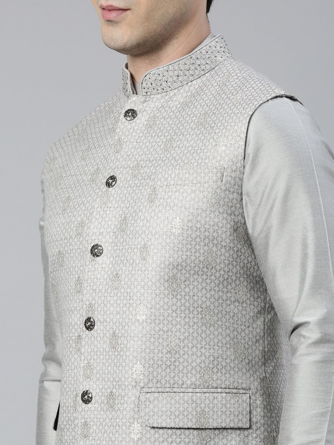 Grey Chanderi Booti Jacket with Kurta Set