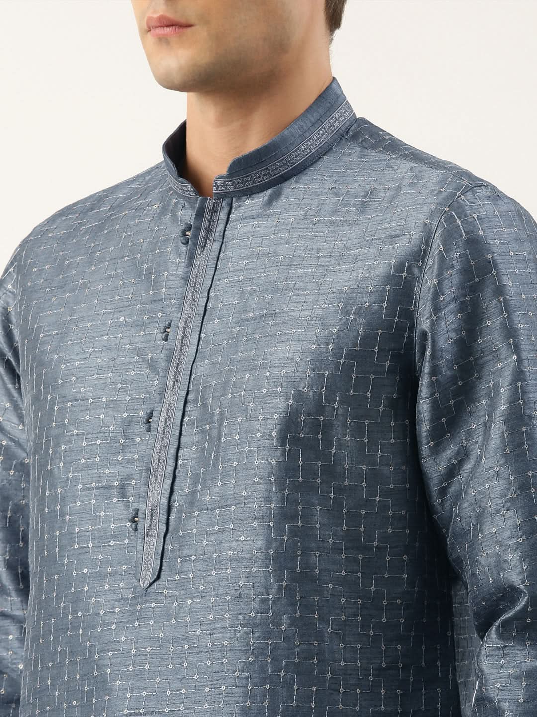 Grey Embroidered  Silk Kurta Set
