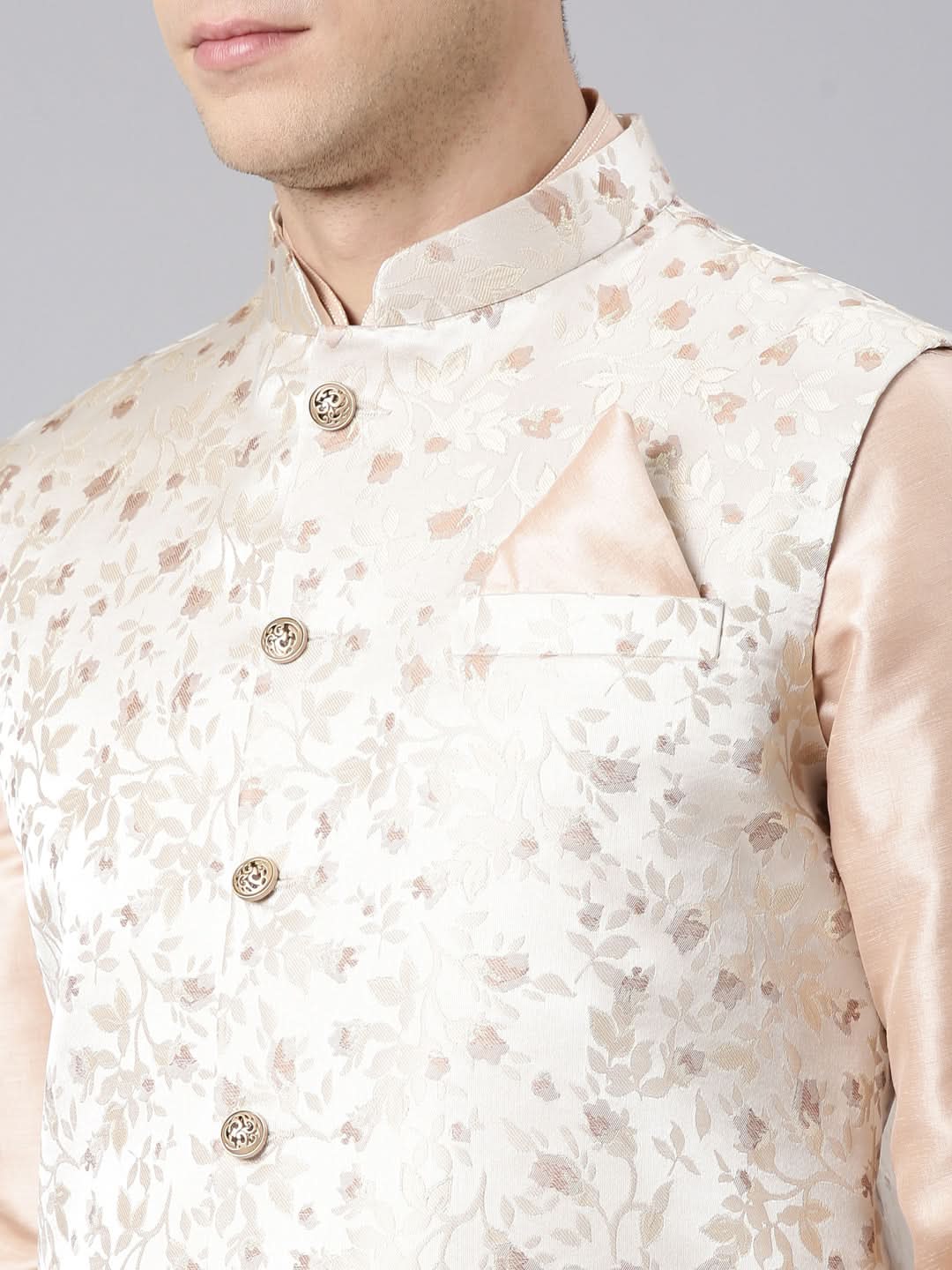 Peach Beige Jacquard Jacket with Kurta Set