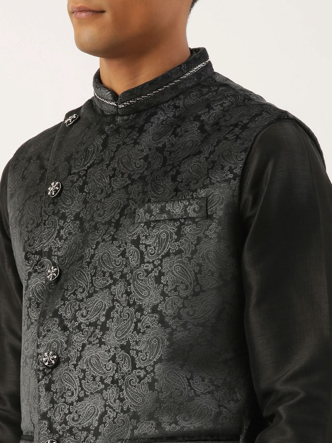 Black Velvet Jacquard Jacket Kurta Set