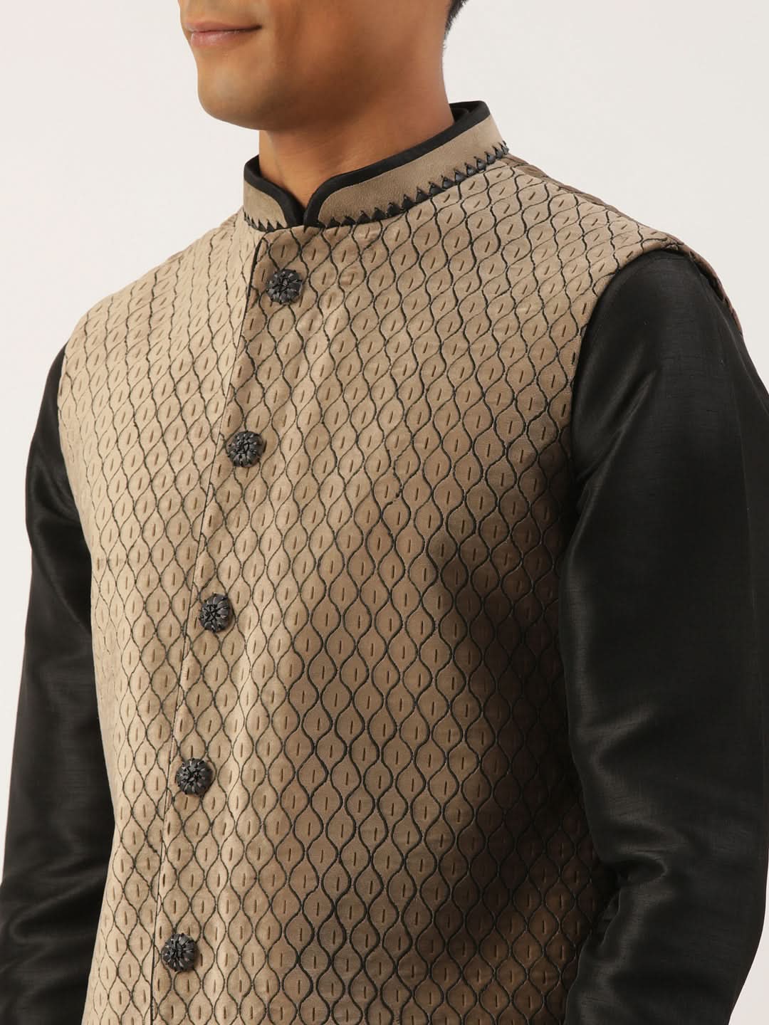 Beige  Embroidered Jacket Kurta Set