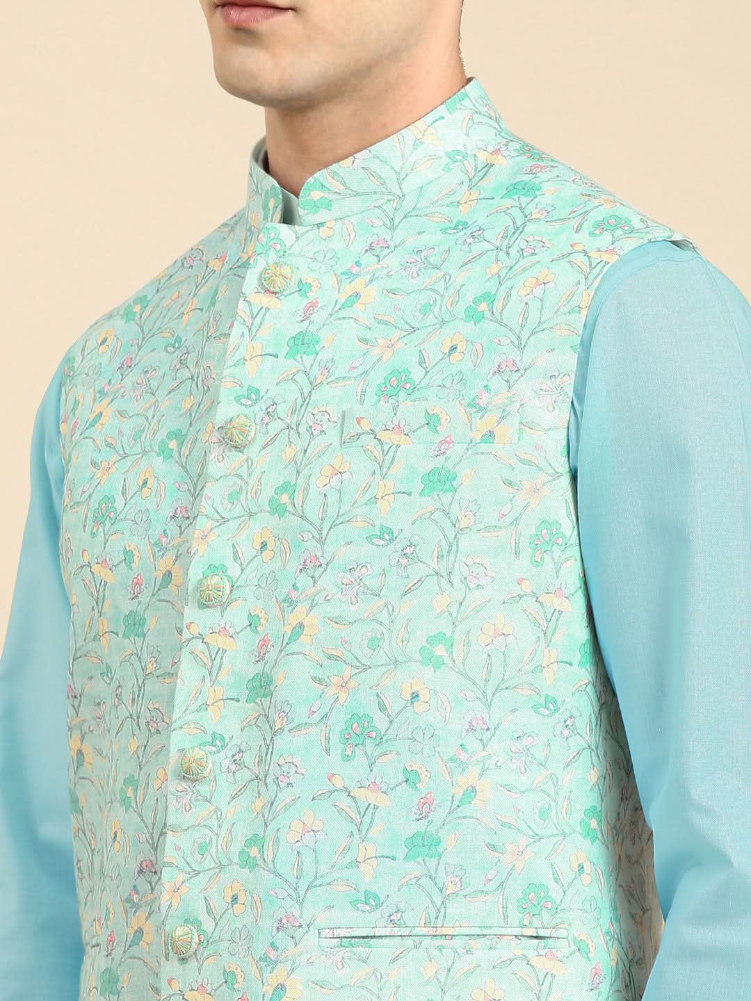 Light Pastel Blue Linen Jacket with Kurta Set