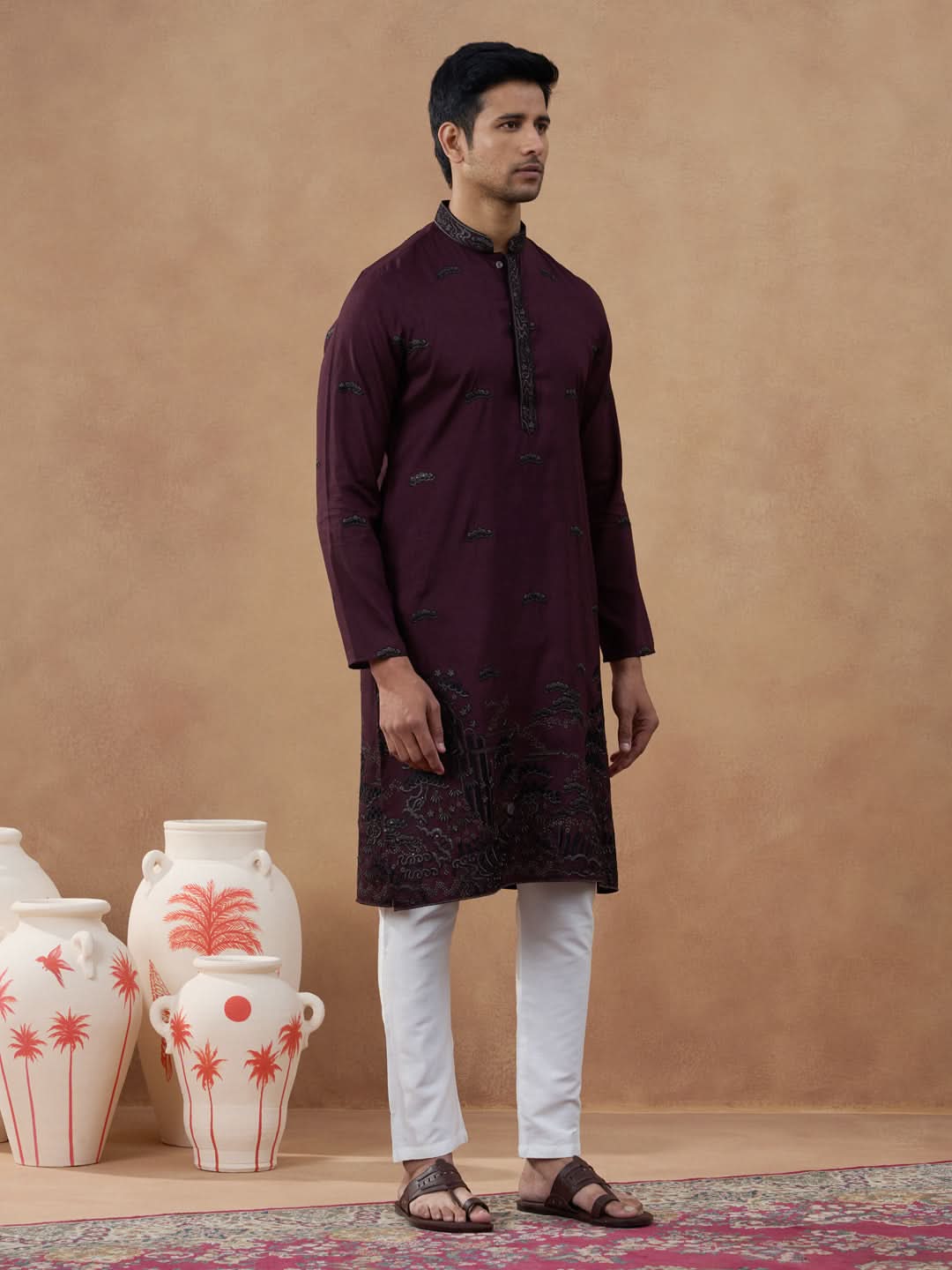 Maroon Black Motif Embroidered Kurta Set