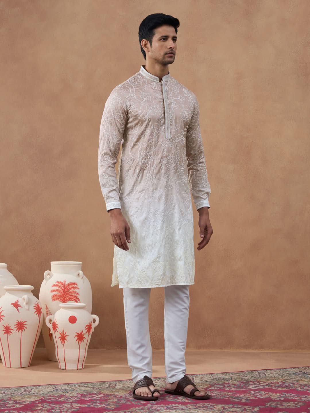 Beige Floral Embroidered Kurta Set