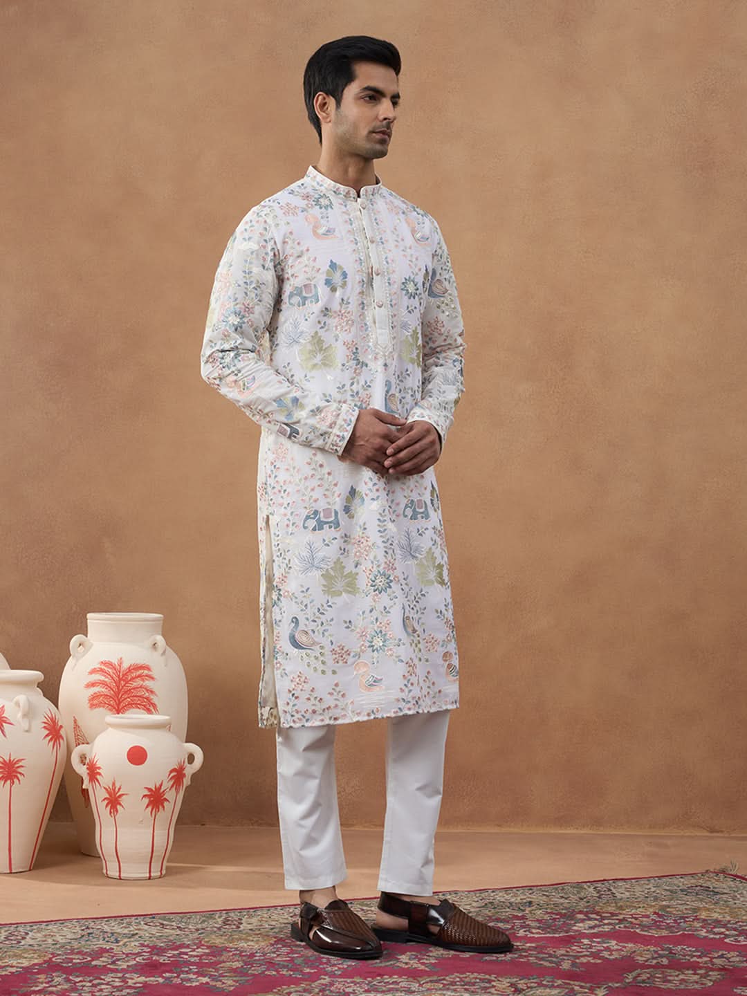 Cream Floral Embroidered Kurta Set