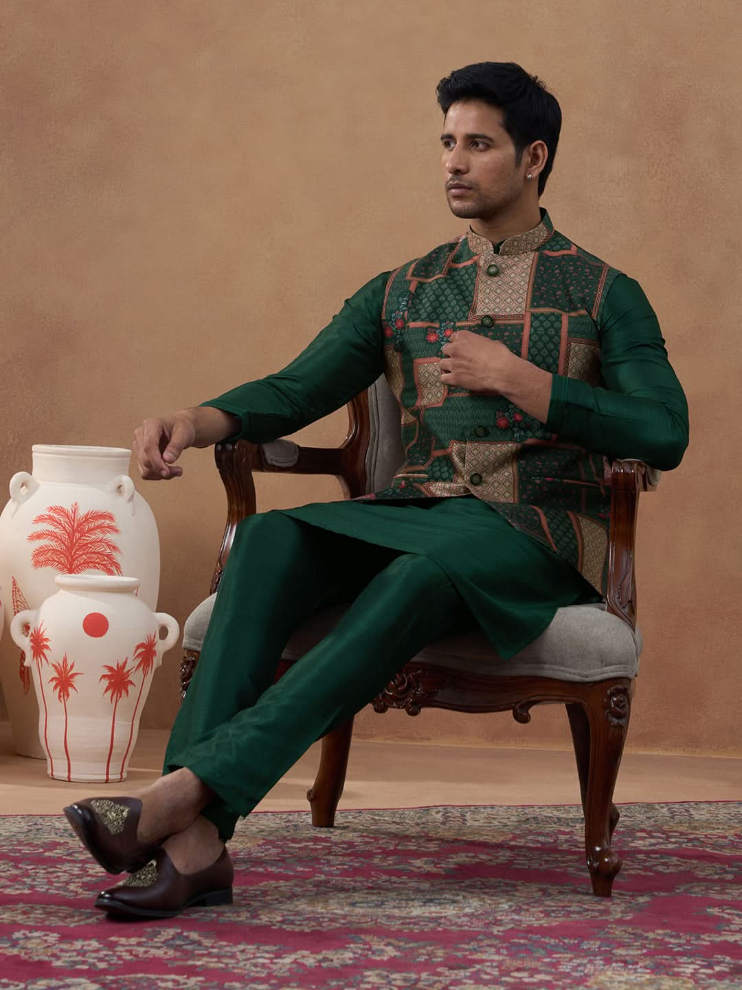 Forest Green Printed Bandi Kurta Set