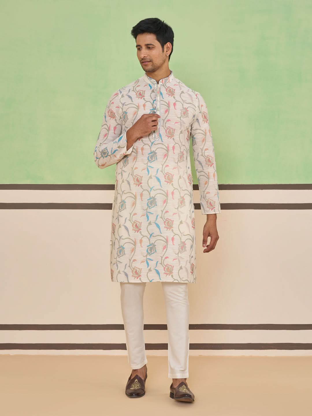 Cream Self Textured Kurta Set
