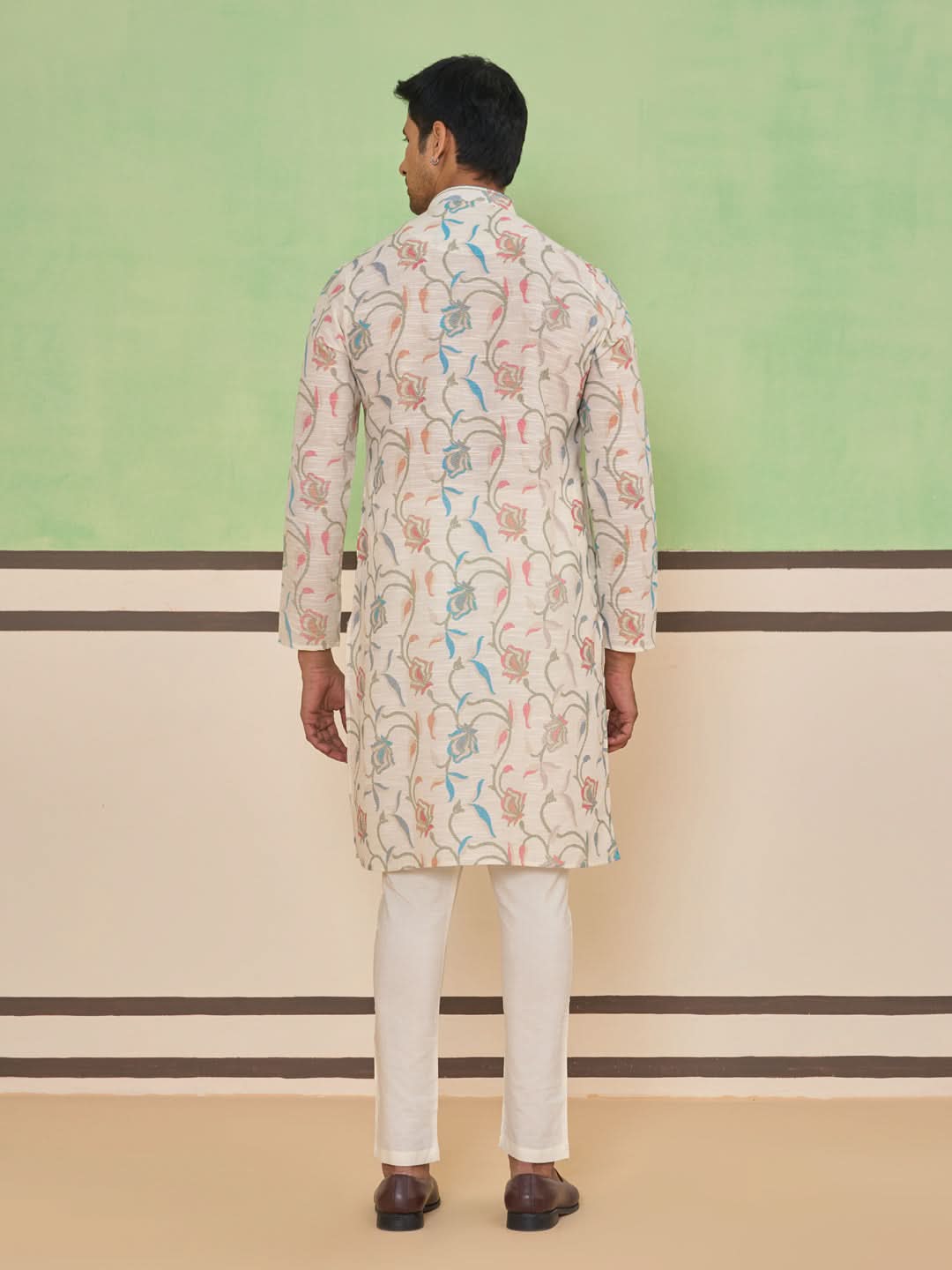 Cream Self Textured Kurta Set