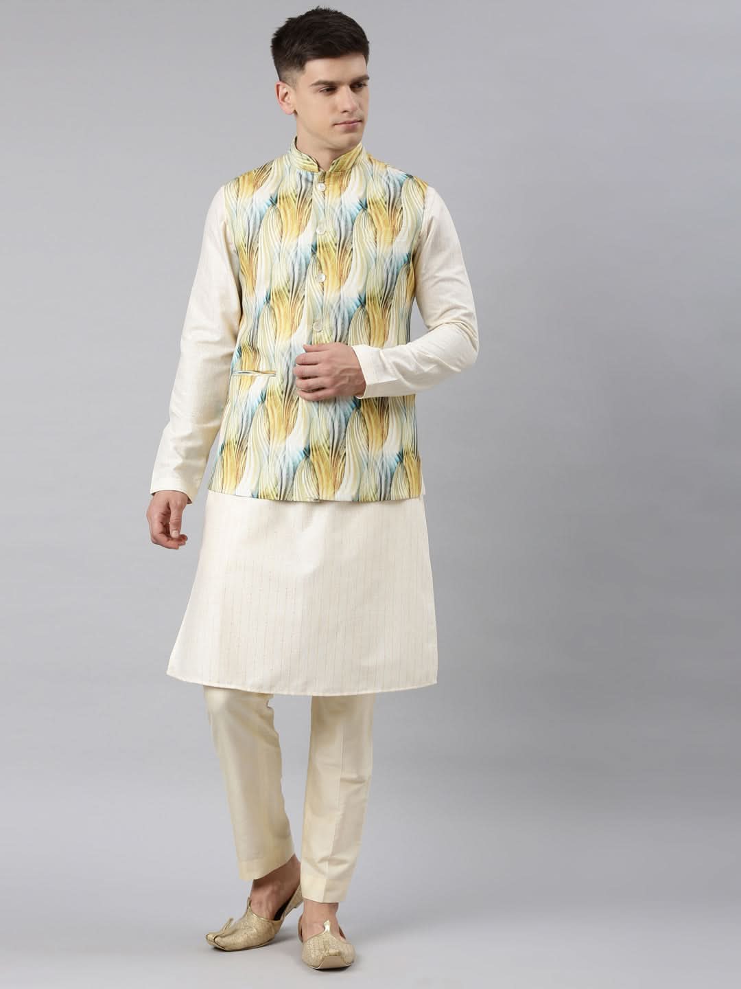 Yellow Linen Printed Jacket with Kurta Set