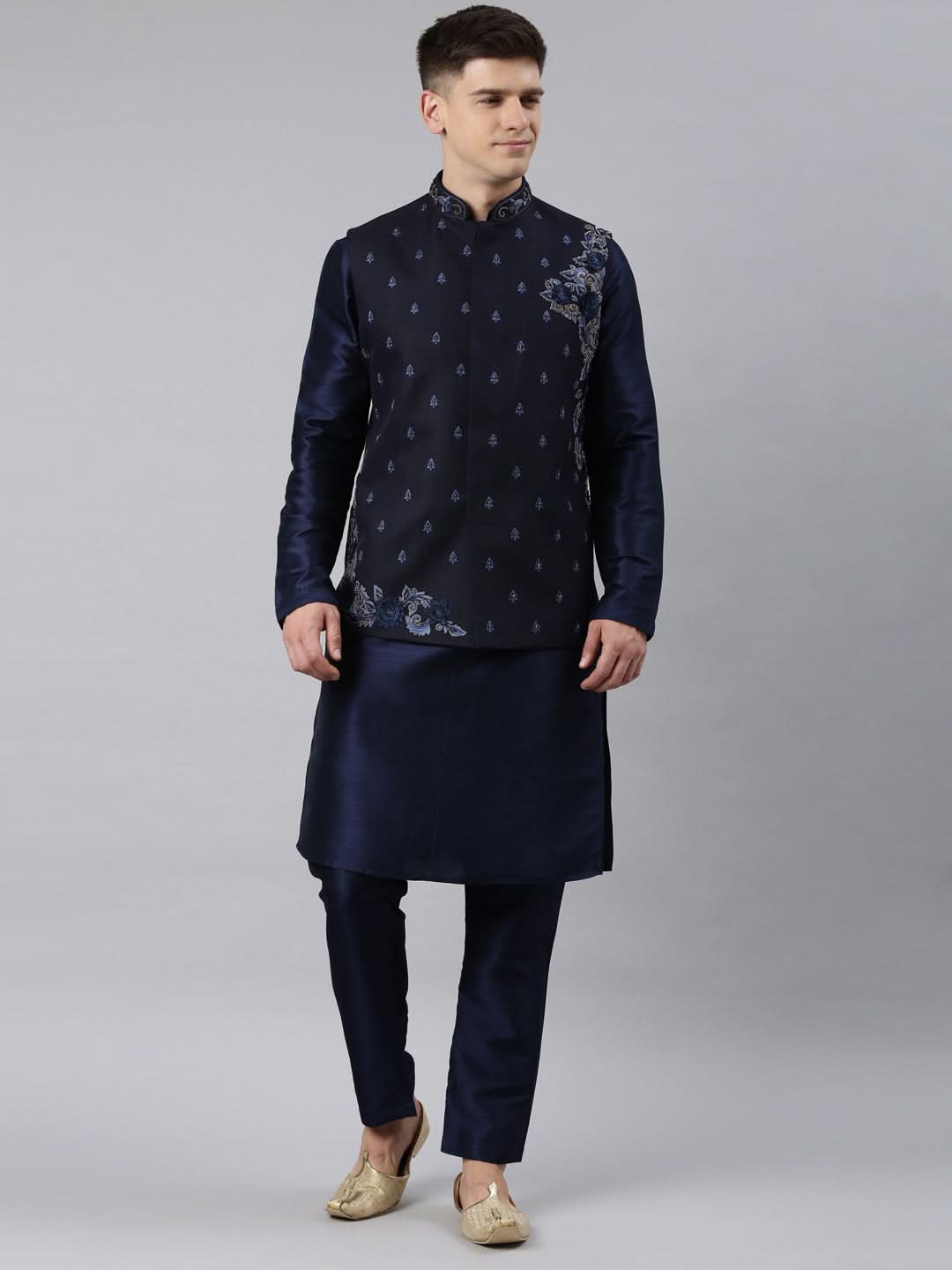 Navy Blue embroidered Jacket And Kurta Set