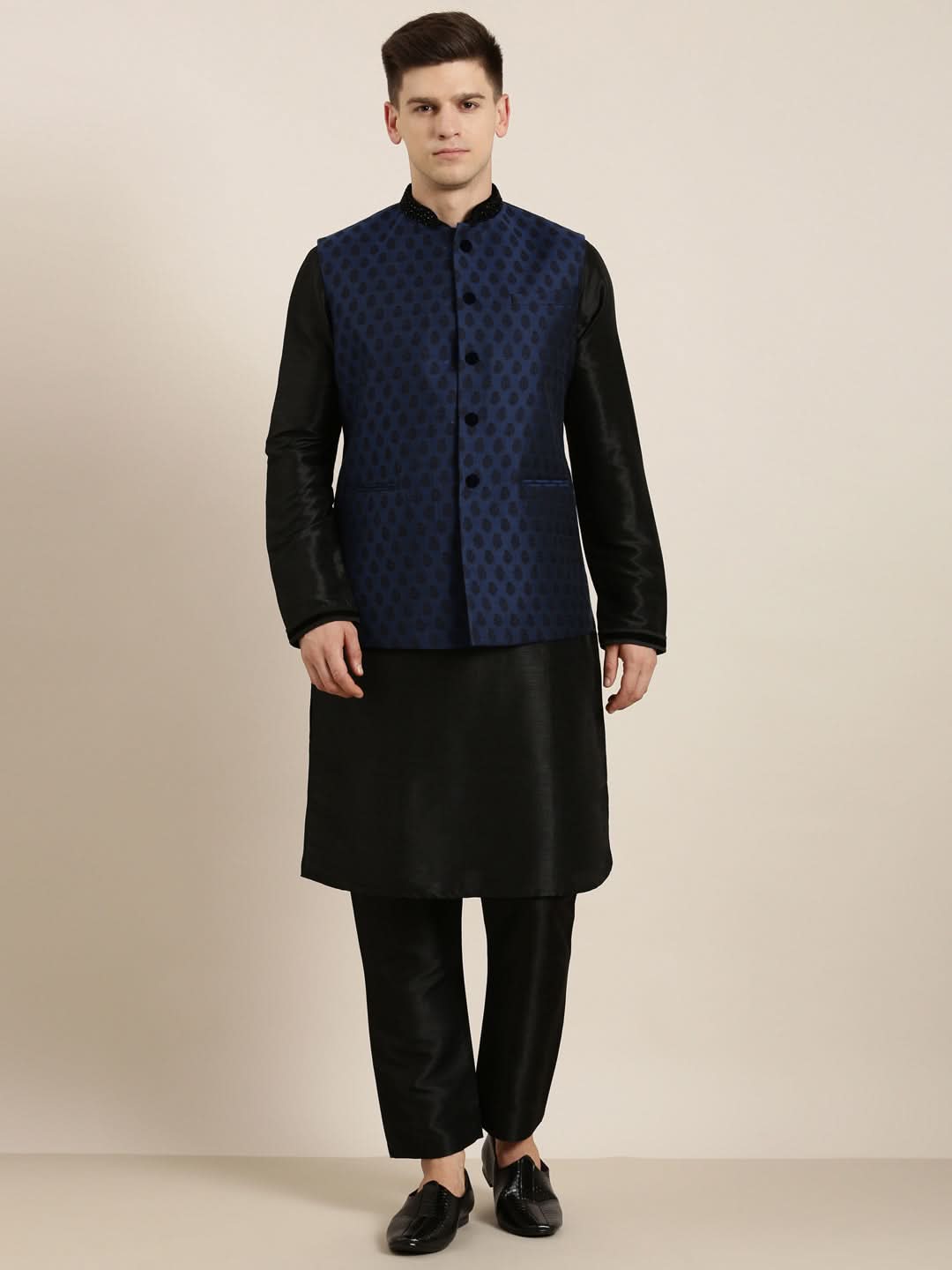 Navy Jacquard Black Booti Jacket