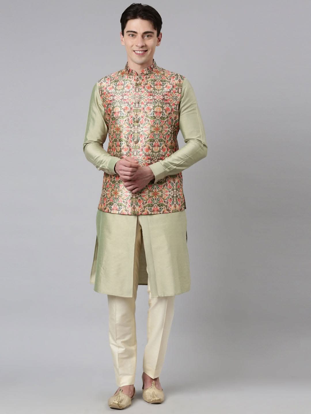 Beige Floral Print Jacket With  Open Kurta