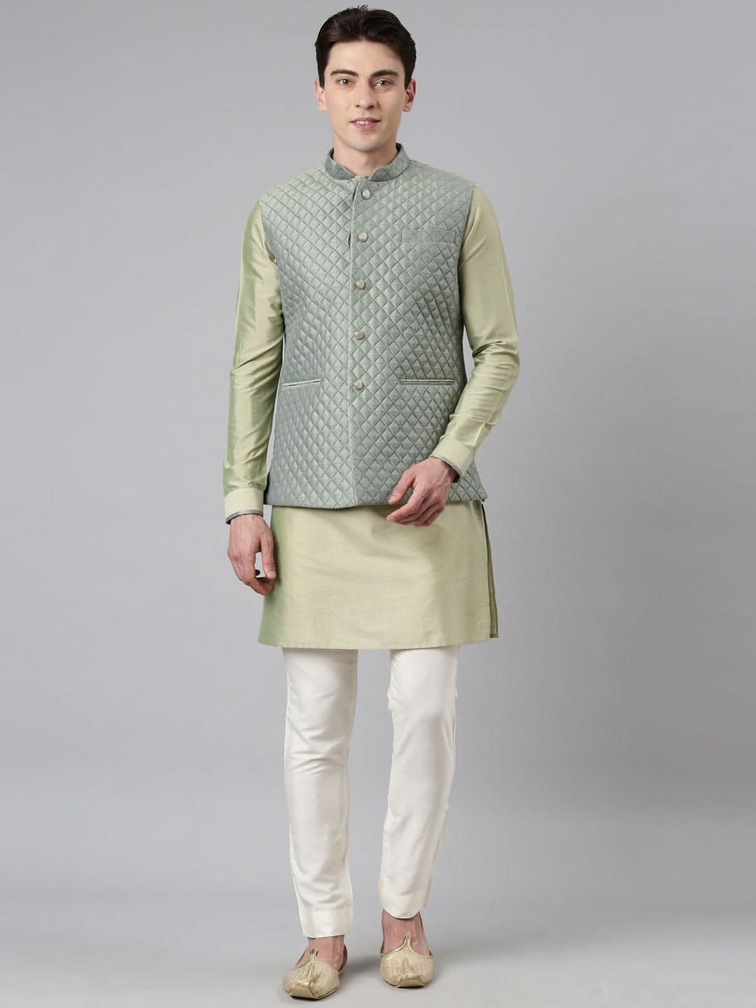 Lime Green Blue Jacquard Quilted Jacket