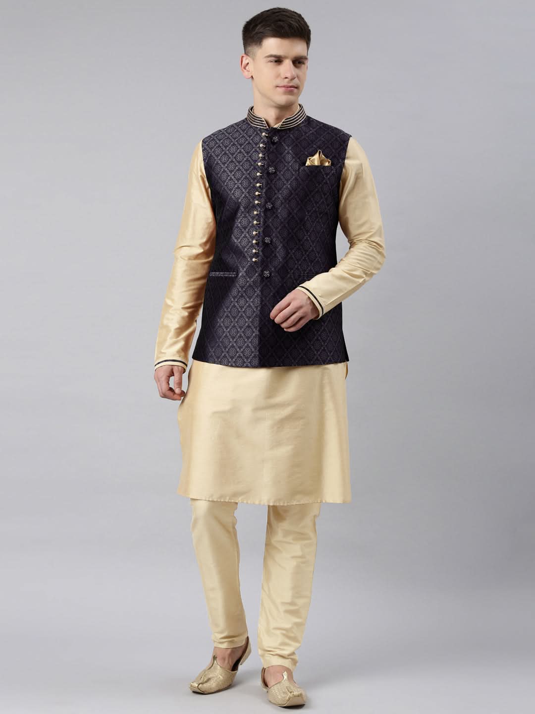 Navy Banarasi Bundi With Gold Kurta Set